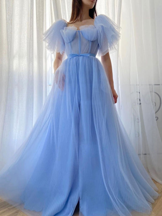 Blue A-line tulle long prom dress, blue tulle formal dress        cg22972