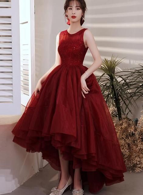 Wine Red Organza Lace High Low Chic Party Dresses Prom Dress     cg22981