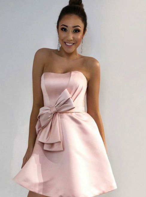 A-Line Strapless Pink Satin Homecoming Dress with Bowknot        cg22982