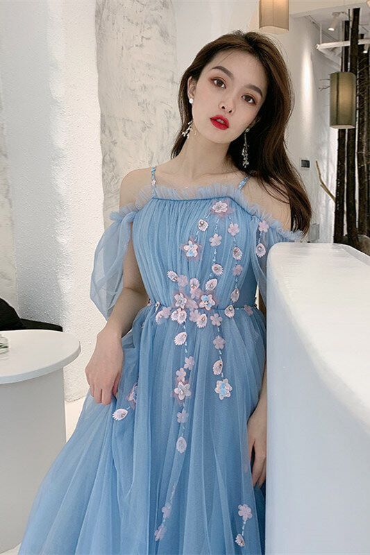 Straps Blue and Floral Embroidered Long Formal prom Gown       cg22998