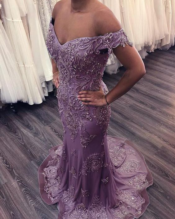 Mermaid Off The Shoulder Evening Dresses Lace Beaded Prom Gowns      cg23018