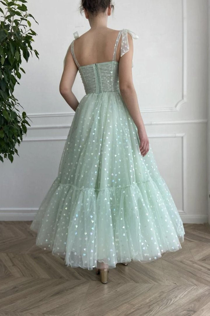 Green tulle short A line prom dress        cg23029