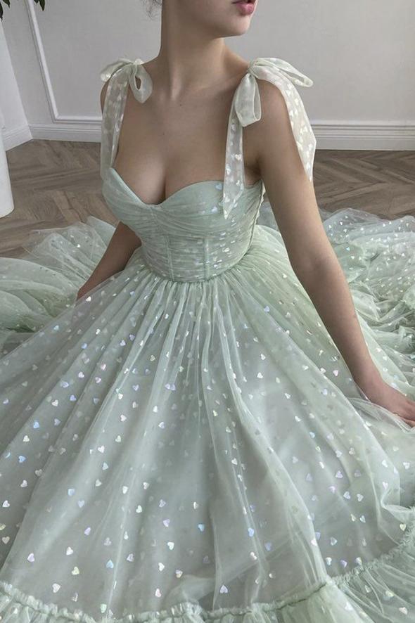 Green tulle short A line prom dress        cg23029