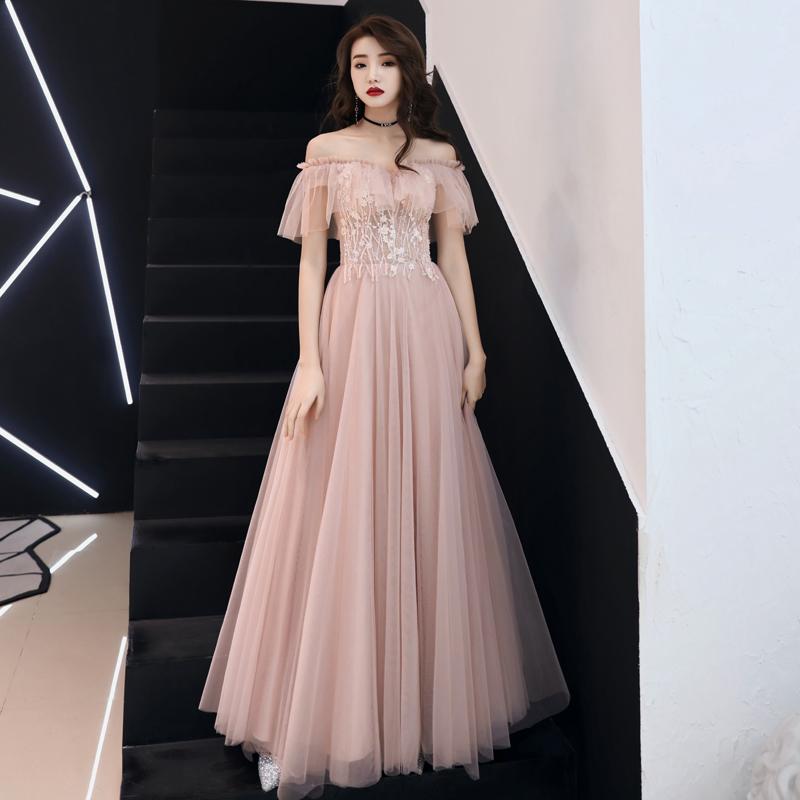 Pink Lace Off Shoulder Tulle A-Line Floor Length Party Dress, Pink Formal Dresses prom Dress        cg23034