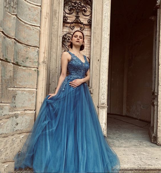 Blue tulle lace long A line prom dress blue evening dress          cg23045