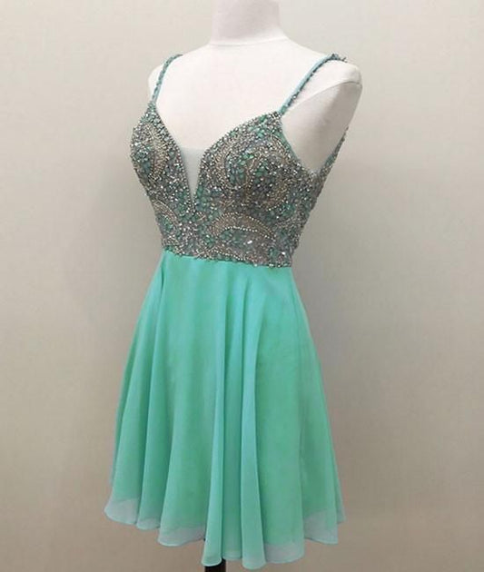 Green V Neck Sequin Beads Short Homecoming Dress      cg23089