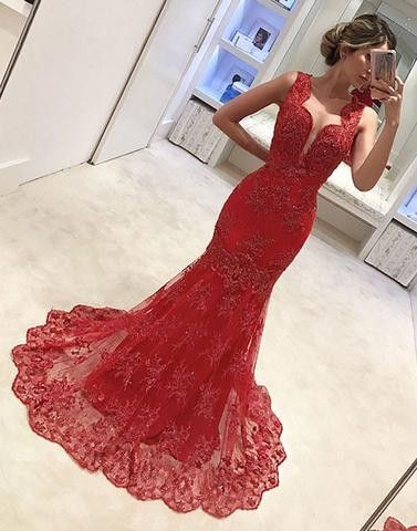 Red Lace Mermaid Long Cheap Charming Formal Prom Dress        cg23090