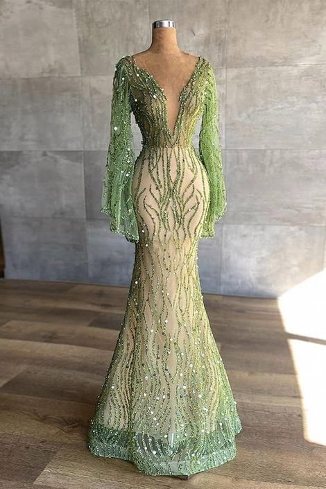 Sexy Deep V Neck Green Prom Dress 2022 Full Sleeve Crystals Sequined Mermaid Fashion Evening Gown       cg23096