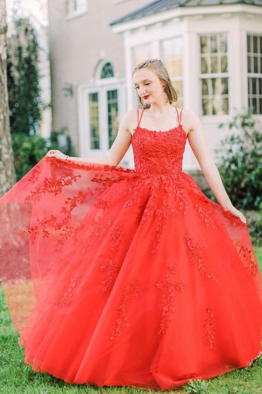 red lace appliques A-line long prom dress ball gown          cg23126