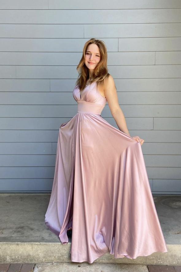 Pink v neck long A line prom dress pink evening dress       cg23132