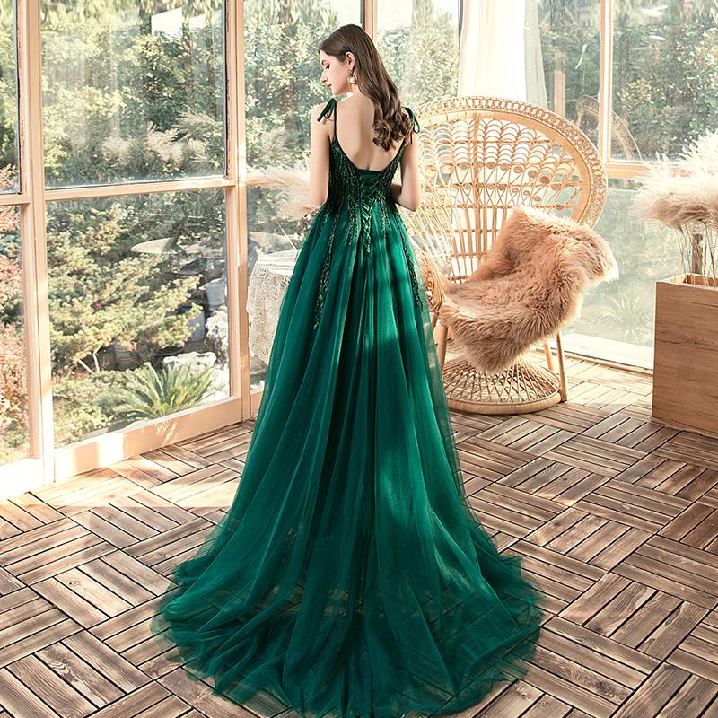 Green Beaded V-Neckline Straps Tulle Long Formal Dress, Dark Green A-Line Prom Dress       cg23133