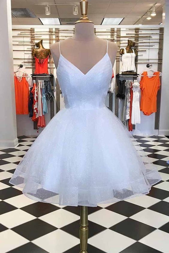 White Homecoming Dresses Spaghetti-straps V Neck Short Homecoming Dresses       cg23149