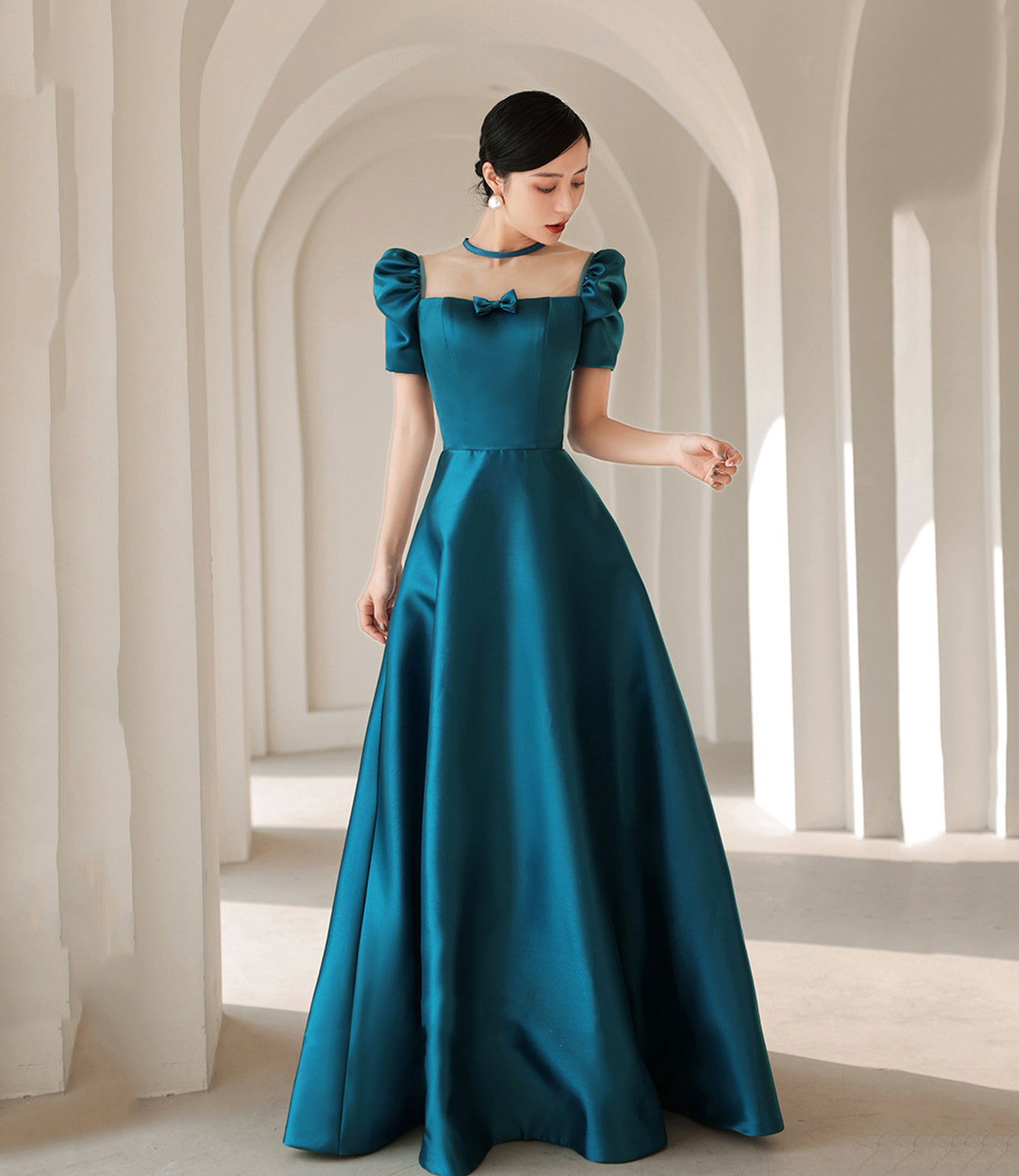 BLUE SATIN LONG A LINE PROM DRESS BLUE EVENING DRESS    cg23152