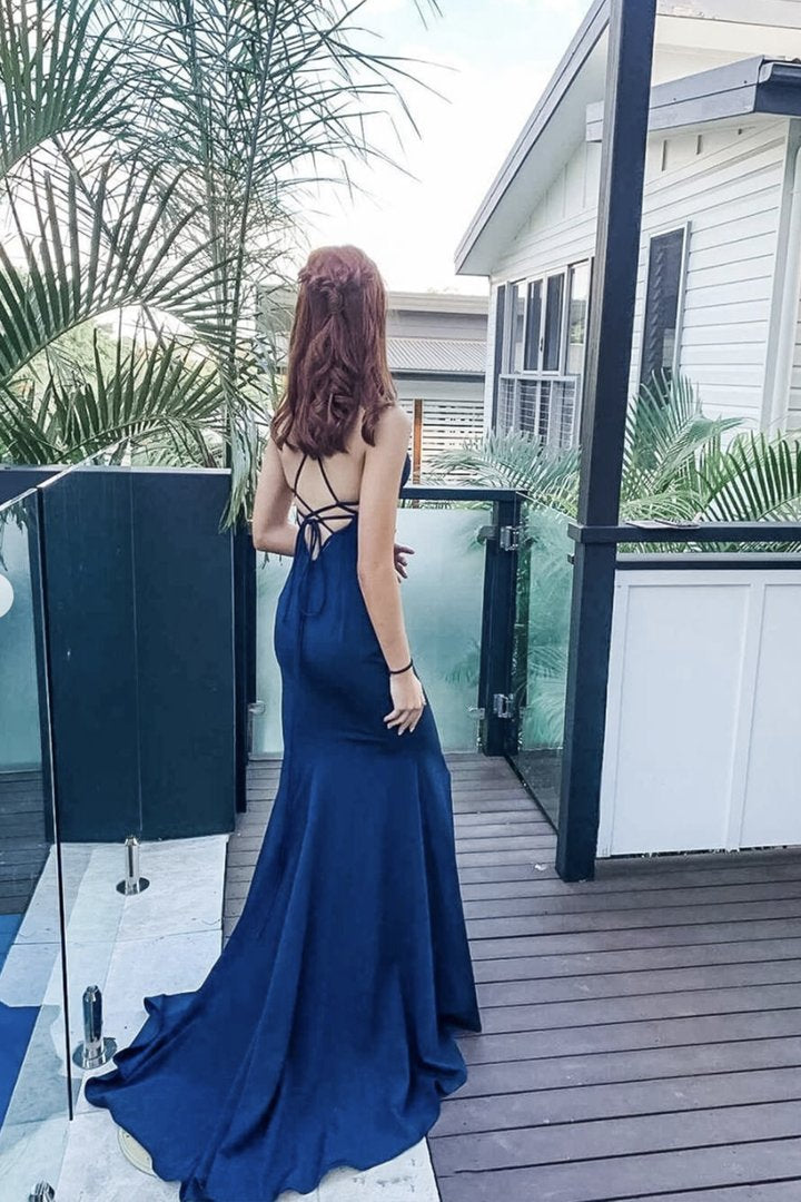 Blue v neck long prom dress mermaid evening dress      cg23164