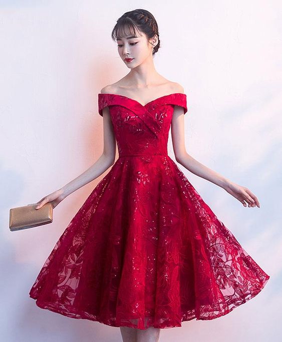 Cute burgundy Homecoming Dress, Off Shoulder Bridesmaid Dress        cg23194