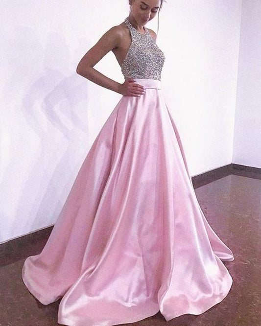 Halter Prom Dresses Long Satin Beaded Open Back      cg23204