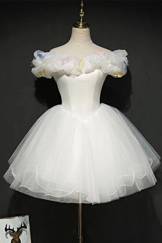 Ivory Off the Shoulder Princess Tulle Homecoming Dress, Mini Puffy Sweet 16 Dress          cg23269