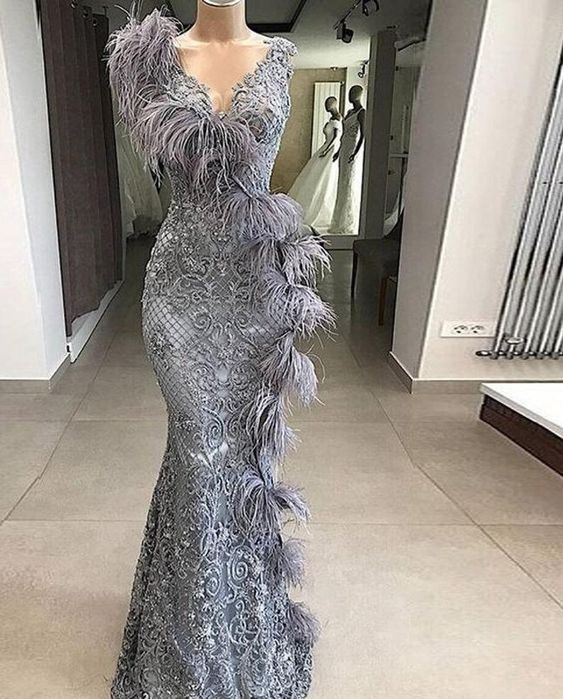 Prom Dresses Feather Lace Applique Evening Dresses Long V Neck Mermaid Modest Gray Elegant Luxury Formal dress    cg23273