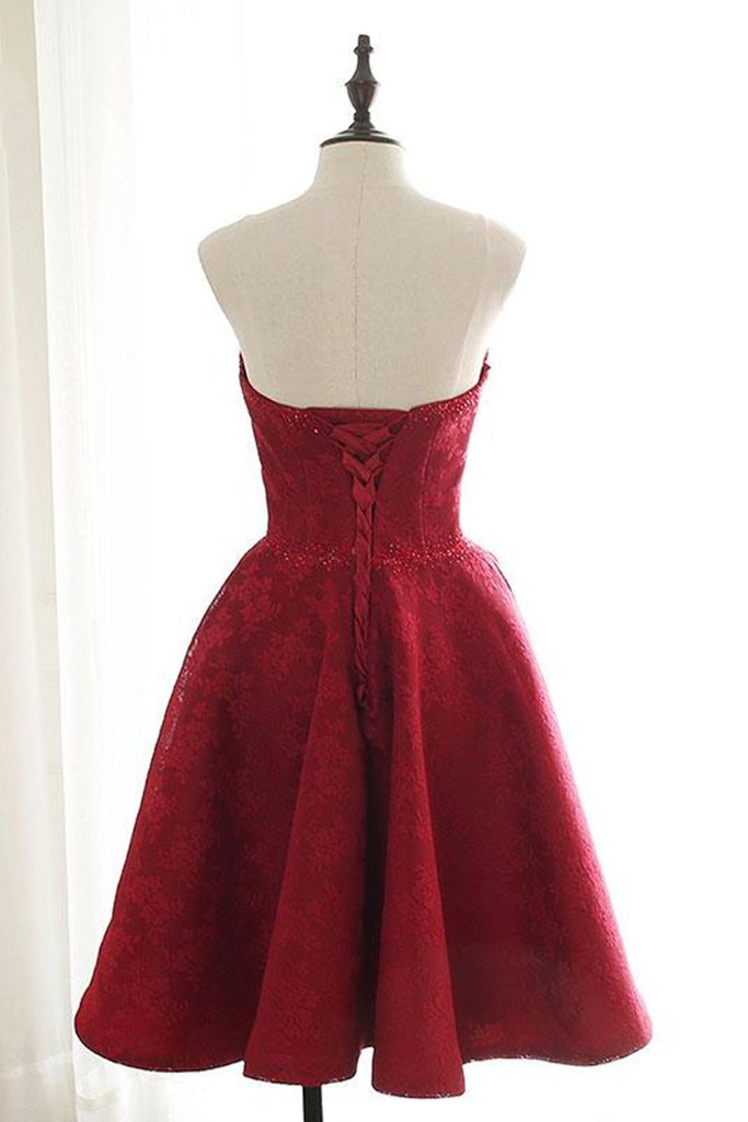 Short Burgundy Lace Homecoming Dress, Maroon Lace Formal Evening Dress        cg23336