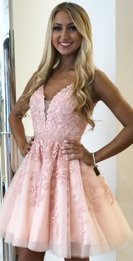 A-Line V-neck Above-Knee Pink Homecoming Dress with Appliques Beading        cg23347