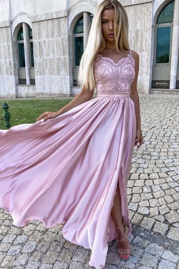 Pink lace long A line prom dress pink evening dress        cg23367