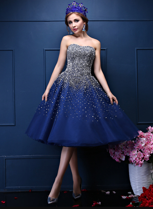 Navy Blue Sequins Sweetheart Tulle Knee Length Party Dresses, Blue Homecoming Dresses         cg23371