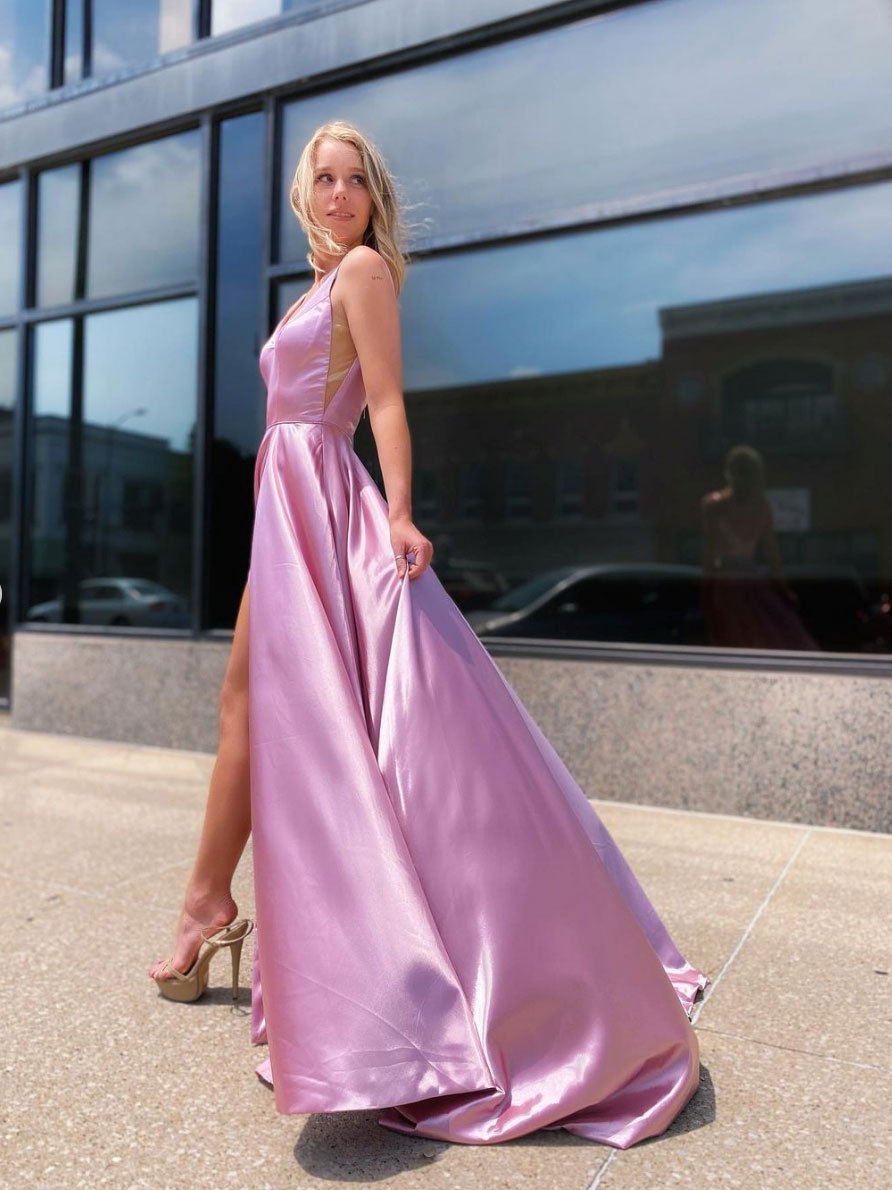 Simple pink satin long prom dress, pink long bridesmaid dress         cg23373