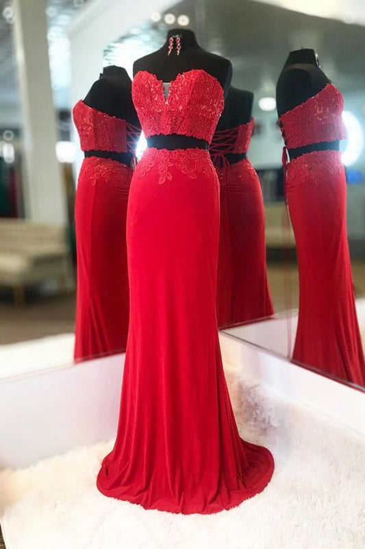 Elegant Two Piece Sweetheart Beaded Red Prom Dress With Lace-up        cg23392