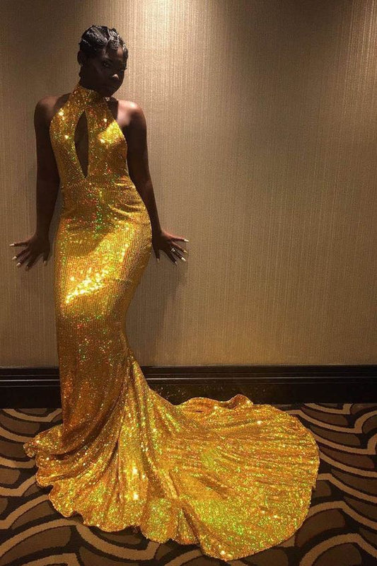 Amazing Mermaid Gold Key Hole High Neck Backless African American Long Prom Dresses         cg23409