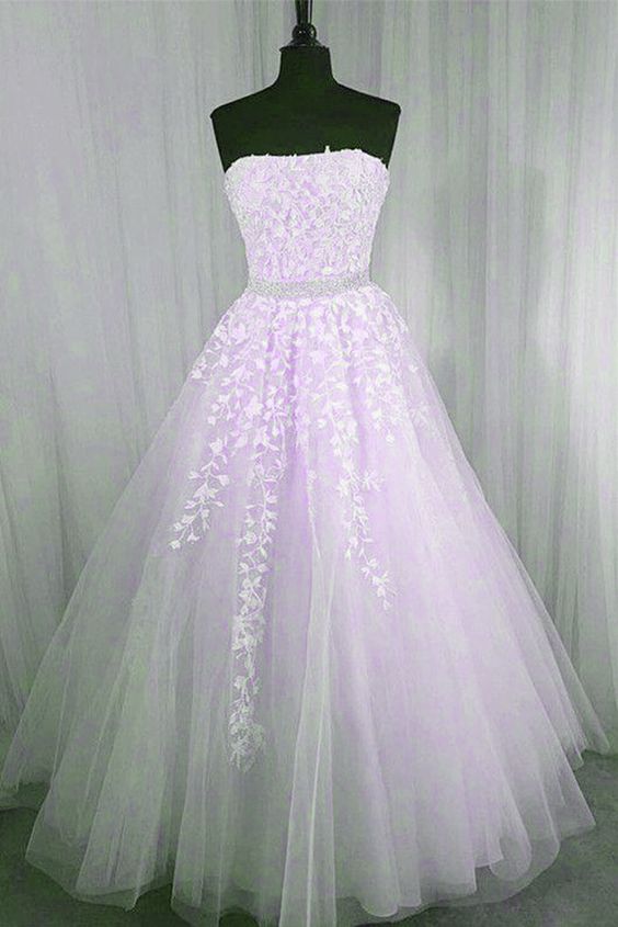 Light Purple Tulle Strapless Lace Applique Long Formal prom Gown          cg23413