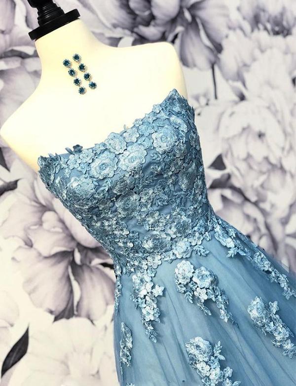 Blue Prom Dresses Long Strapless Evening Party Dresses With Flowers cg2343