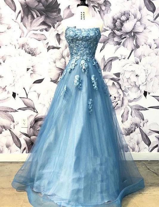 Blue Prom Dresses Long Strapless Evening Party Dresses With Flowers cg2343