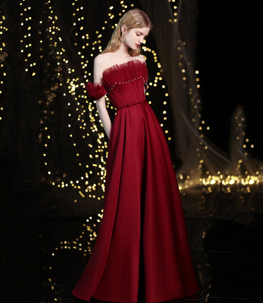 BURGUNDY SATIN LONG A LINE PROM DRESS EVENING DRESS       cg23457