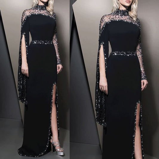 Black Evening Dress, Beaded Evening Dress, High Neck Evening Dress prom dress with long sleeves         cg23474