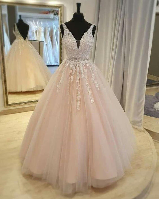 A-line Pink Tulle And Lace Appliques Long Prom Dress Formal Dress         cg23493