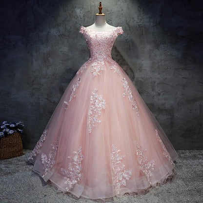 Pink Cap Sleeves Ball Gown Tulle With Lace Sweet 16 prom Dresses, Long Quinceanera Dresses       cg23502