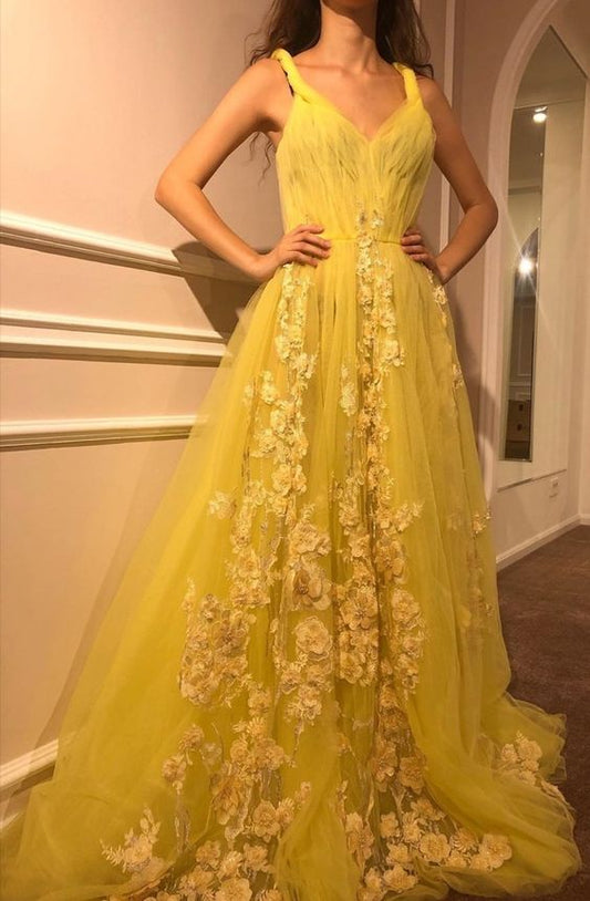 yellow tulle long prom dress, yellow evening dress    cg23528