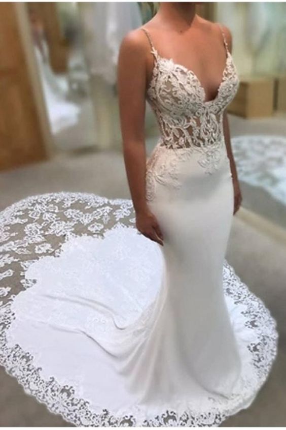 Glamorous Spaghetti-Straps Lace Wedding Dress Mermaid Bridal Gowns prom dress       cg23540
