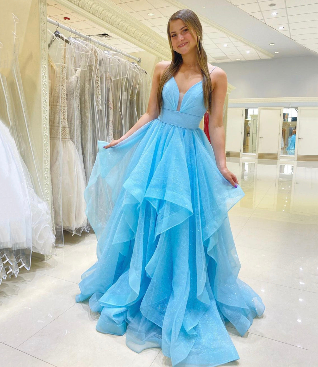 BLUE TULLE LONG A LINE PROM DRESS BLUE EVENING DRESS      cg23558