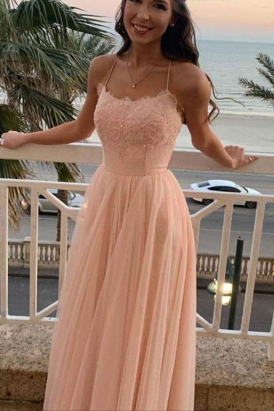 spaghetti Straps Pink Tulle Long Prom Dress    cg23606