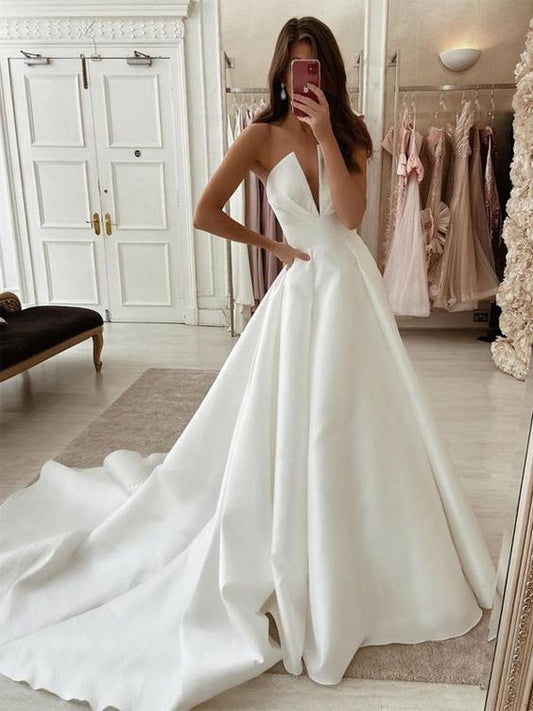 A-line Simple Satin Unique Princess Wedding Dresses Prom Dresses            cg23624