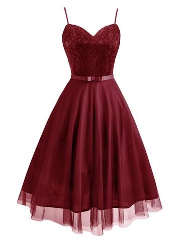 Spaghetti Lace Bow Swing Dress, Tulle Homecoming Dress        cg23625