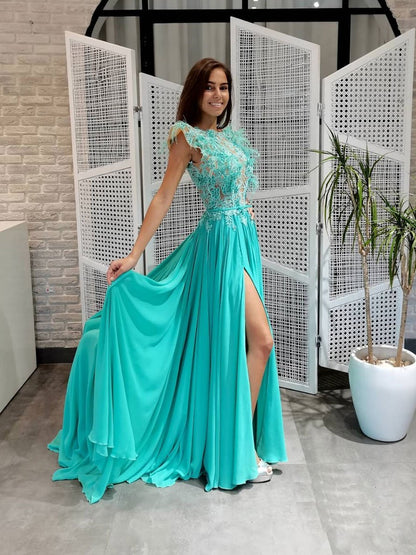 Green round neck chiffon lace long prom dress, lace evening dress    cg23654