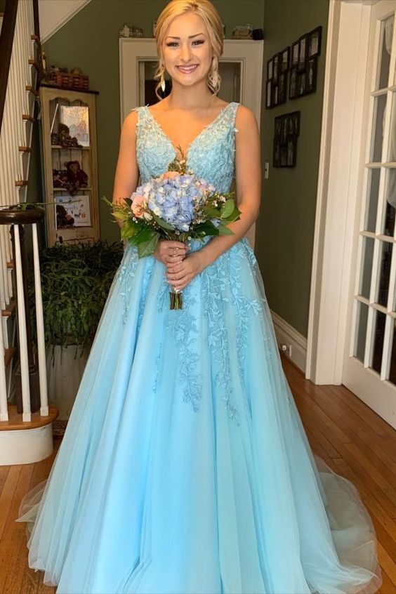 classic A-line blue tulle and lace appliques long prom dress with beaded band        cg23667