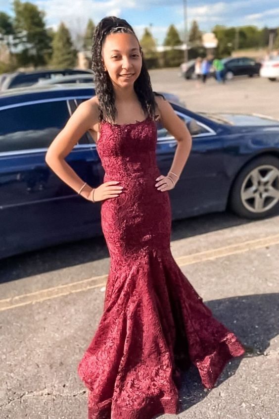 mermaid burgundy lace long prom dress with spaghetti straps        cg23710