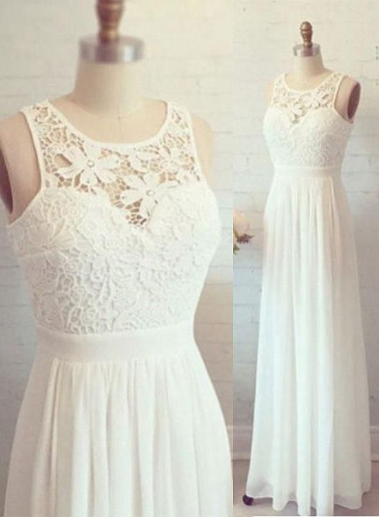 White A line chiffon lace long prom dress, lace evening dress       cg23717