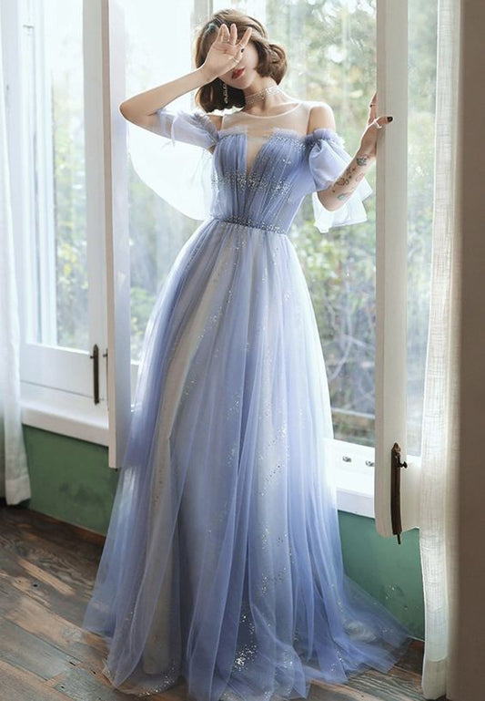 Blue tulle long prom dress blue evening dress       cg23720