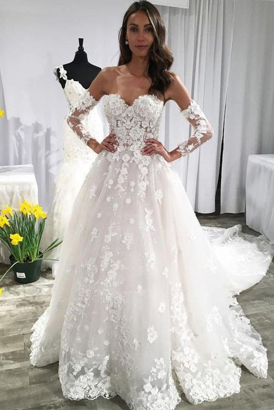 A Line Long Sleeves Ivory Lace Appliques Beads Sweetheart Long Wedding Dresses Prom Dress with Lace    cg23727