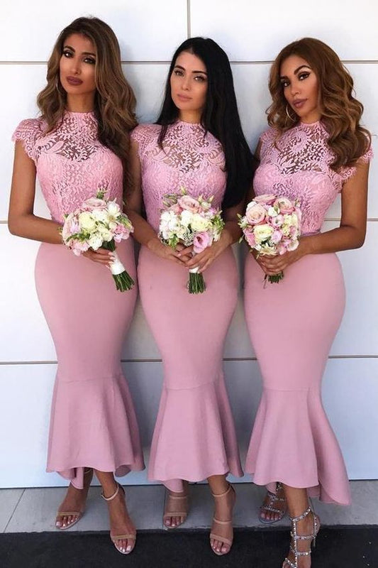 Mermaid Jewel Lace Cap Sleeves Hi-Low Asymmetry Pink Bridesmaid Dresses prom dress evening dress      cg23735
