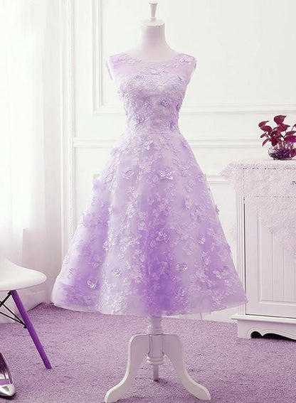 Lavender Lace Tea Length Wedding Party Dress, Vintage Style Homecoming Dress      cg23747